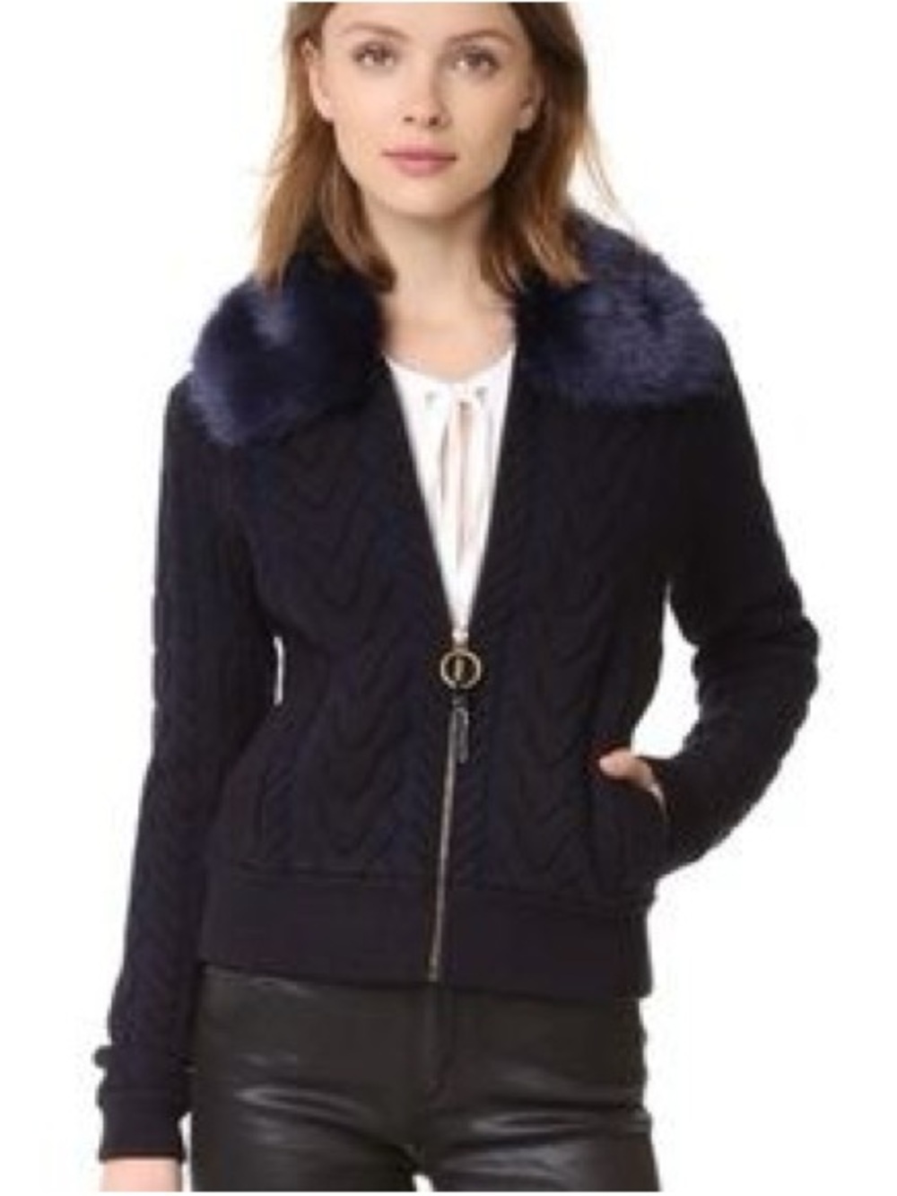 Tory Burch Merino Wool Contraire Faux Fur Bomber Jacket Navy Size Large